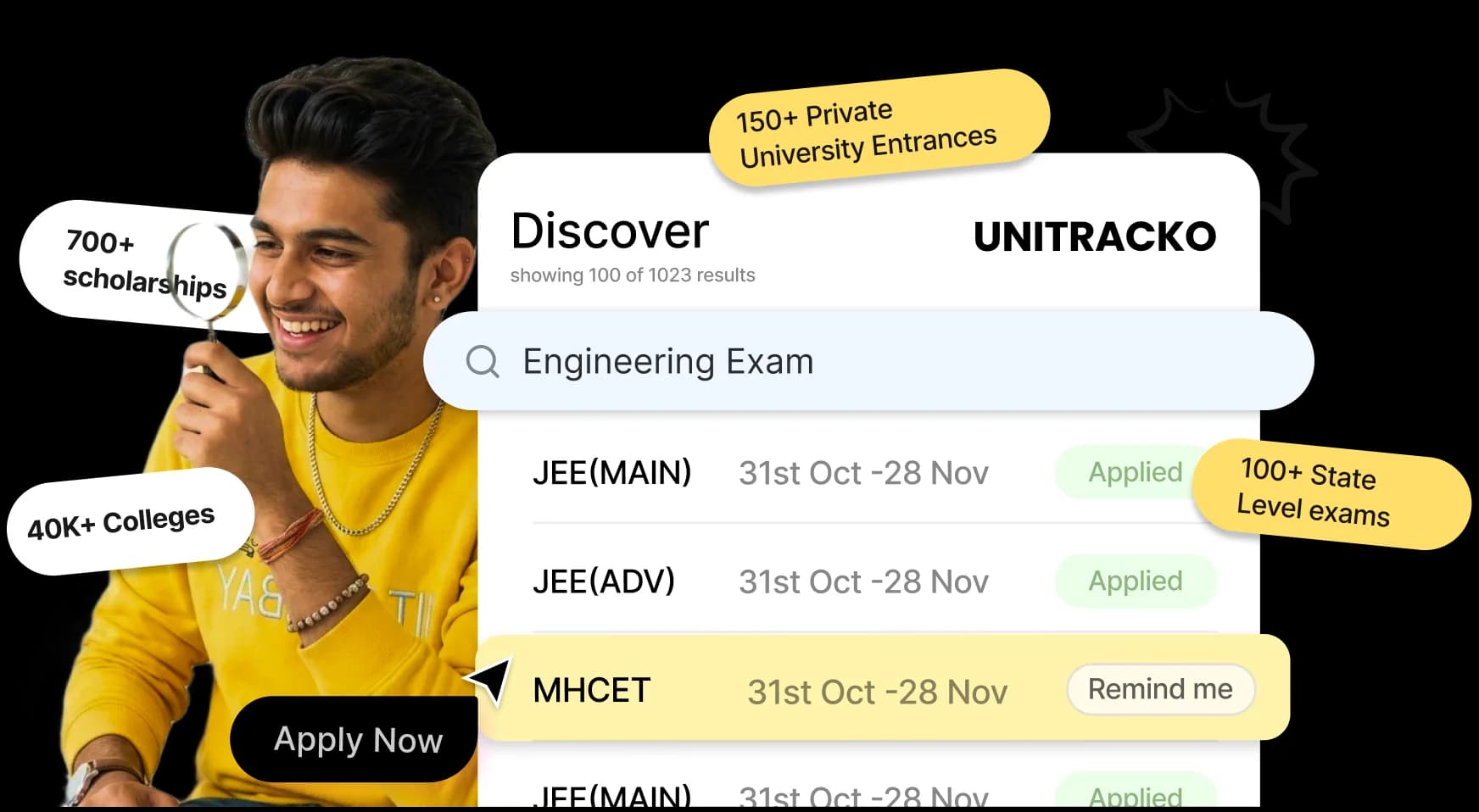 Exam discovery: a search for “Engineering Exam” listing JEE Main, JEE Advanced and MHCET with their windows and status, across 150+ private university entrances, 100+ state-level exams, 40K+ colleges and 700+ scholarships.